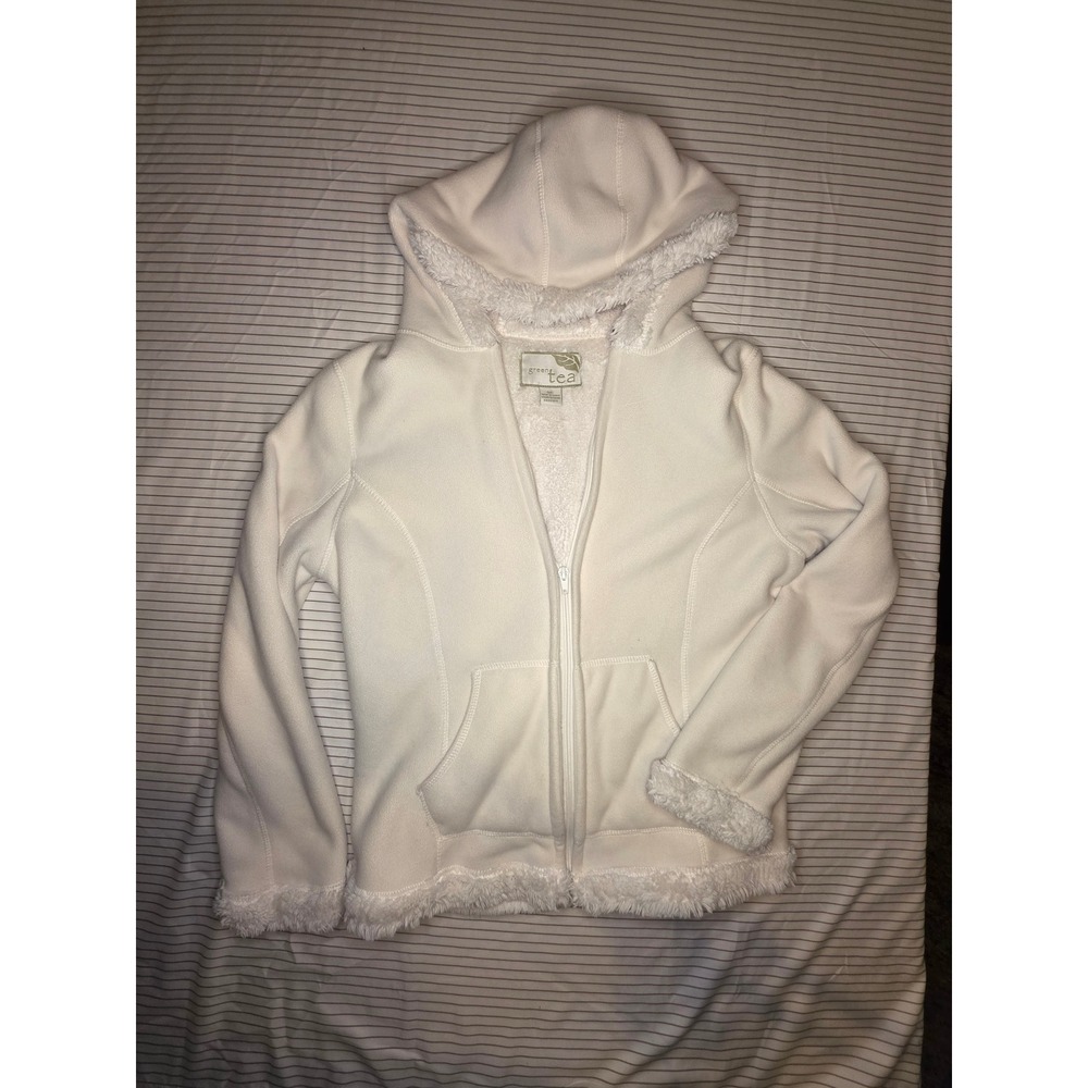 1319 Green Tea Women White Fleece Faux Fur Lined Full Zip Hoodie Jacket Small